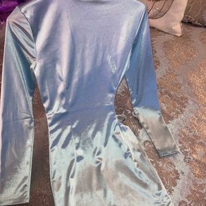 Shimmery, light blue/sea greenish colored dress with a side cut out.